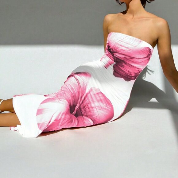 Pink Sexy Women's Strapless Floral Bodycon Long Dress - Picture 4 of 5